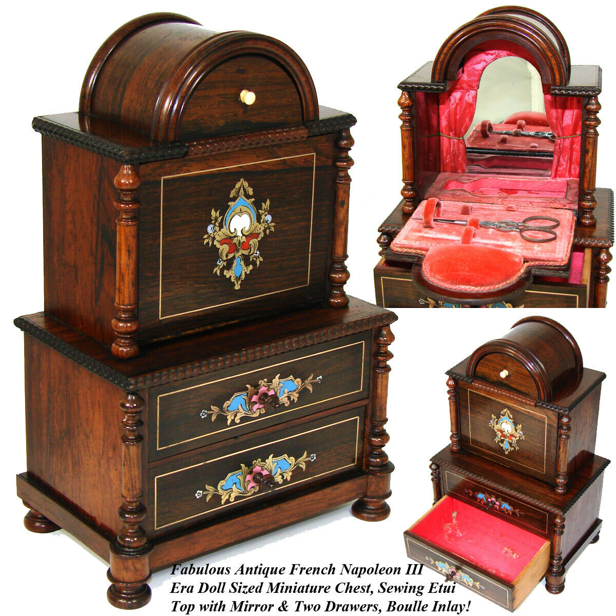 Rare Antique French Napoleon III Era Doll Sized Boulle Miniature Chest, Sew Box
