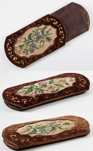 Antique French Embroidered Cigar Cheroot Case, Spectacles Etui, Gold Embossed