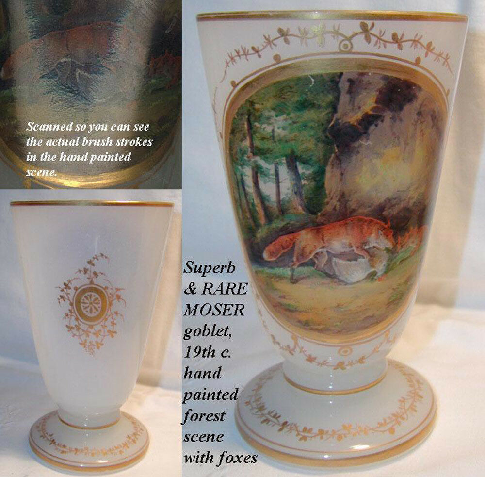 Antique Napoleon III Era White Opaline Goblet or Chalice, Hand Painted Fox Hunt