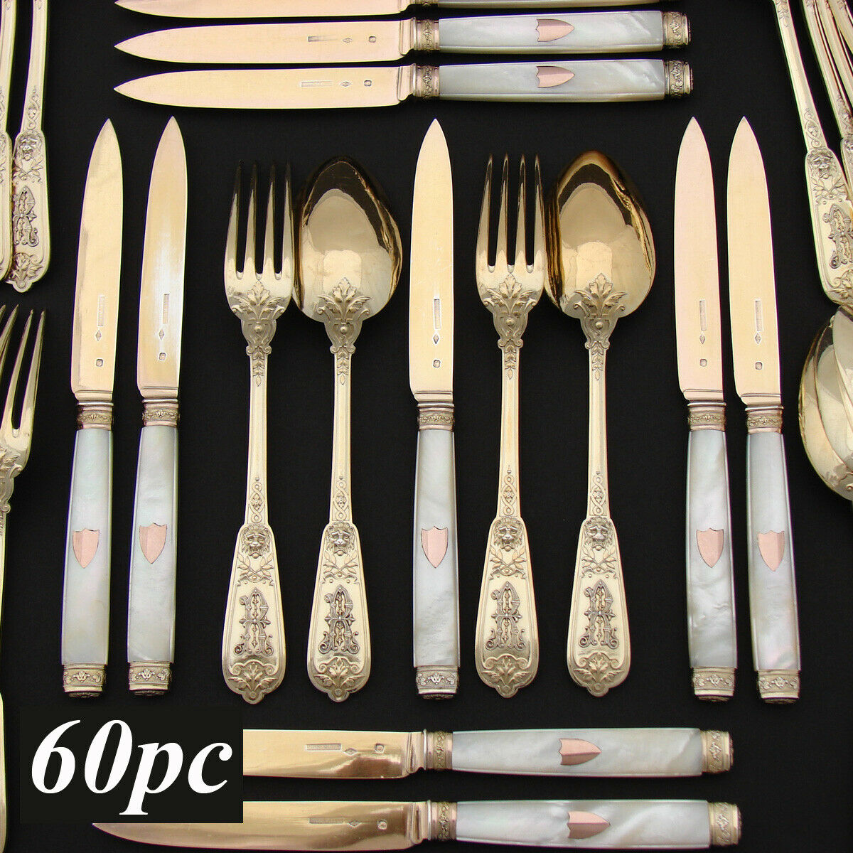 RARE 60pc Set Antique French Vermeil 18k Gold on Sterling Silver Flatware Set, Ornate