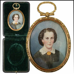 Antique Hand Painted French Portrait Miniature in Locket Style Frame, c. 1850