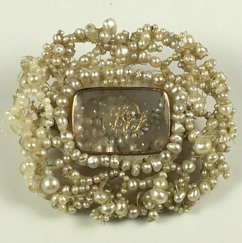 Antique Georgian 22k Gold and Seed Pearl Mourning Brooch, Rock Crystal Locket