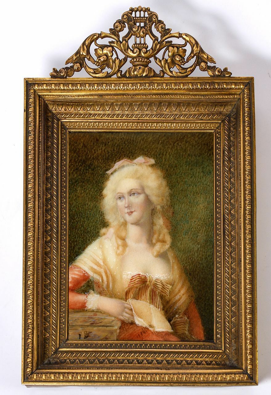 Antique French Miniature Portrait in Fine Dore Bronze Frame - Mme de Montesson
