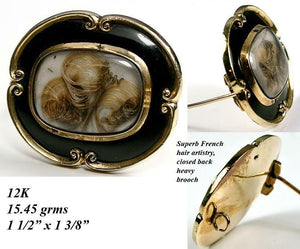 Antique Victorian 12K Gold Mourning Brooch, Black Enamel & Blond Hair Art
