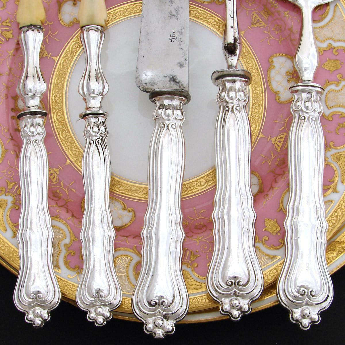 Antique French Sterling Silver 5pc Serving Implement Set: Meat, Salad & Fish