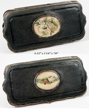 Antique French Cigar Case, 6.5" Leather with Embroidery Insets, Napoleon III