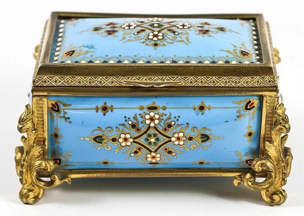 Celeste Blue! Antique TAHAN, Paris, French Kiln-fired Enamel Jewelry Casket, Box