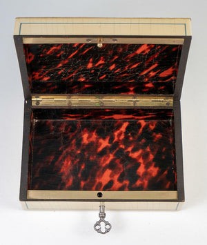 Stunning Antique French Jewelry Box, Cigar Casket, Tortoise Shell and Finest Boulle Work, Lock w Key