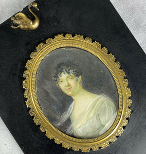 Antique French Empire Portrait Miniature, Beautiful Young Woman, Swan Frame