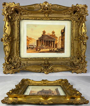 Pair Antique French Carved Wood Frames, Watercolors of Rome, Pantheon & Trevi