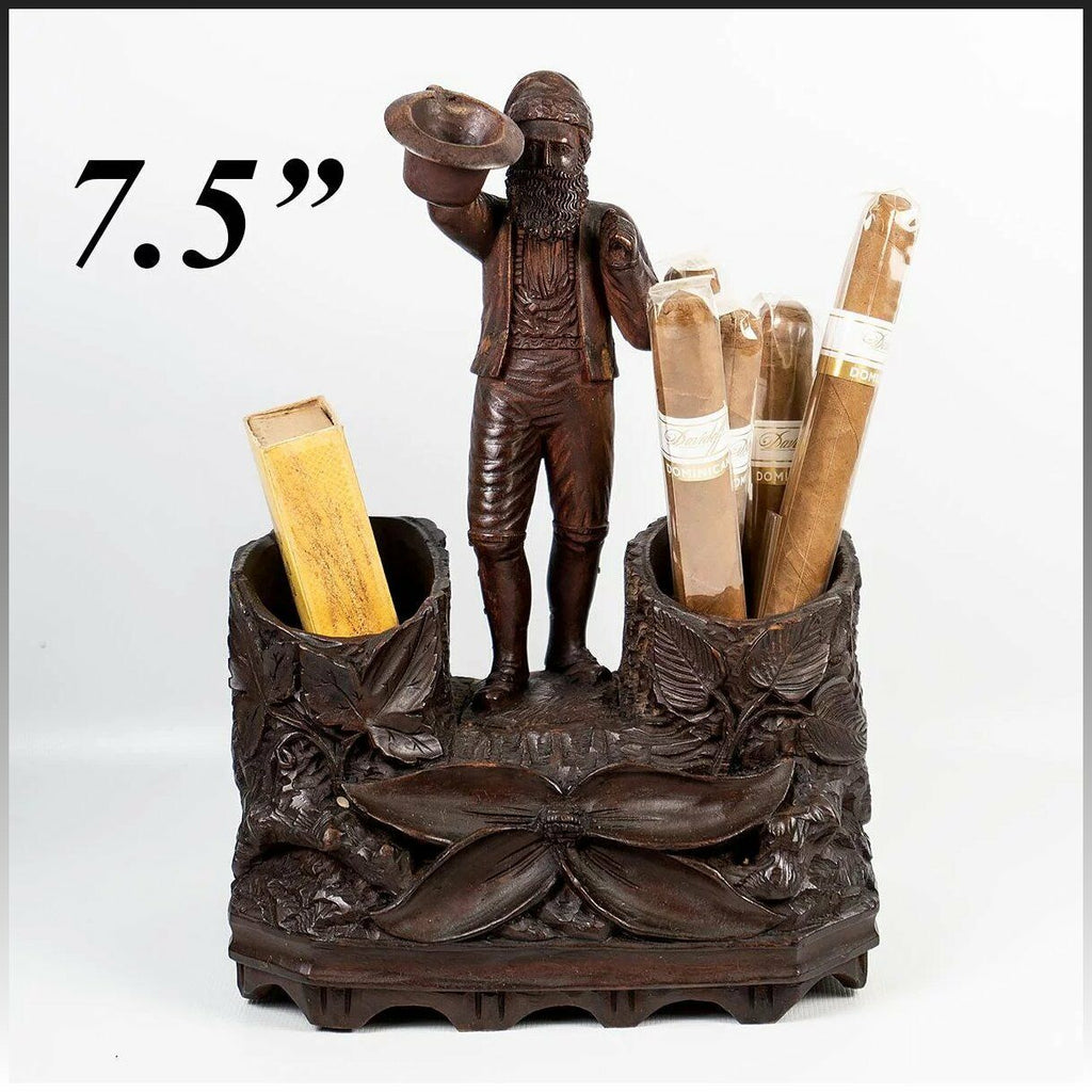 Antique HC Wood Black Forest Cigar and Match Stand, Figural Gent with Hat