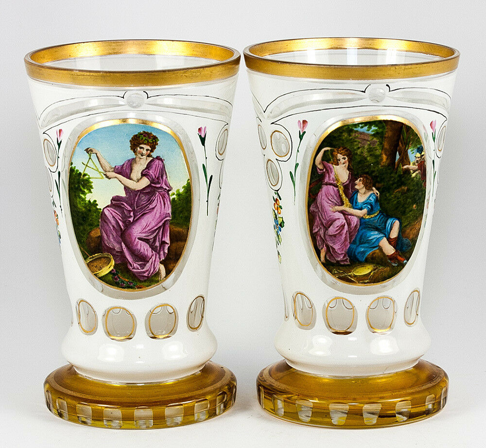PAIR Antique Moser Bohemian Art Glass Tumblers, Glass or Goblet, Vase, Paintings