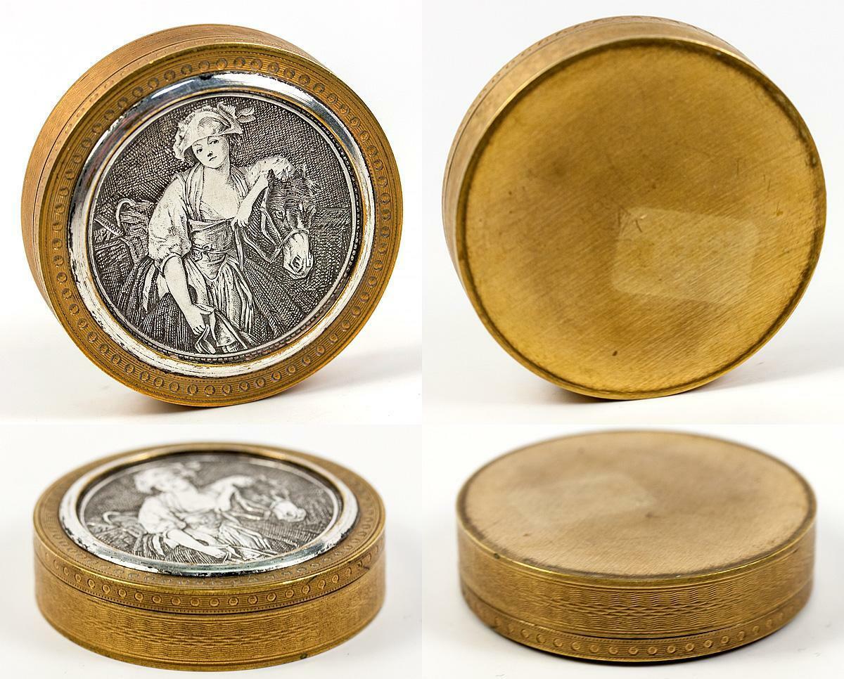 Antique French Pill, Patch or Snuff Box, Engraved, Jean-Baptiste Greuze Milkmaid