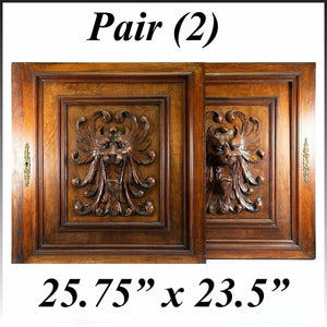 PAIR (2) Antique HC Oak French Cabinet Doors, Figural Lion Head, Each 26" x 23"