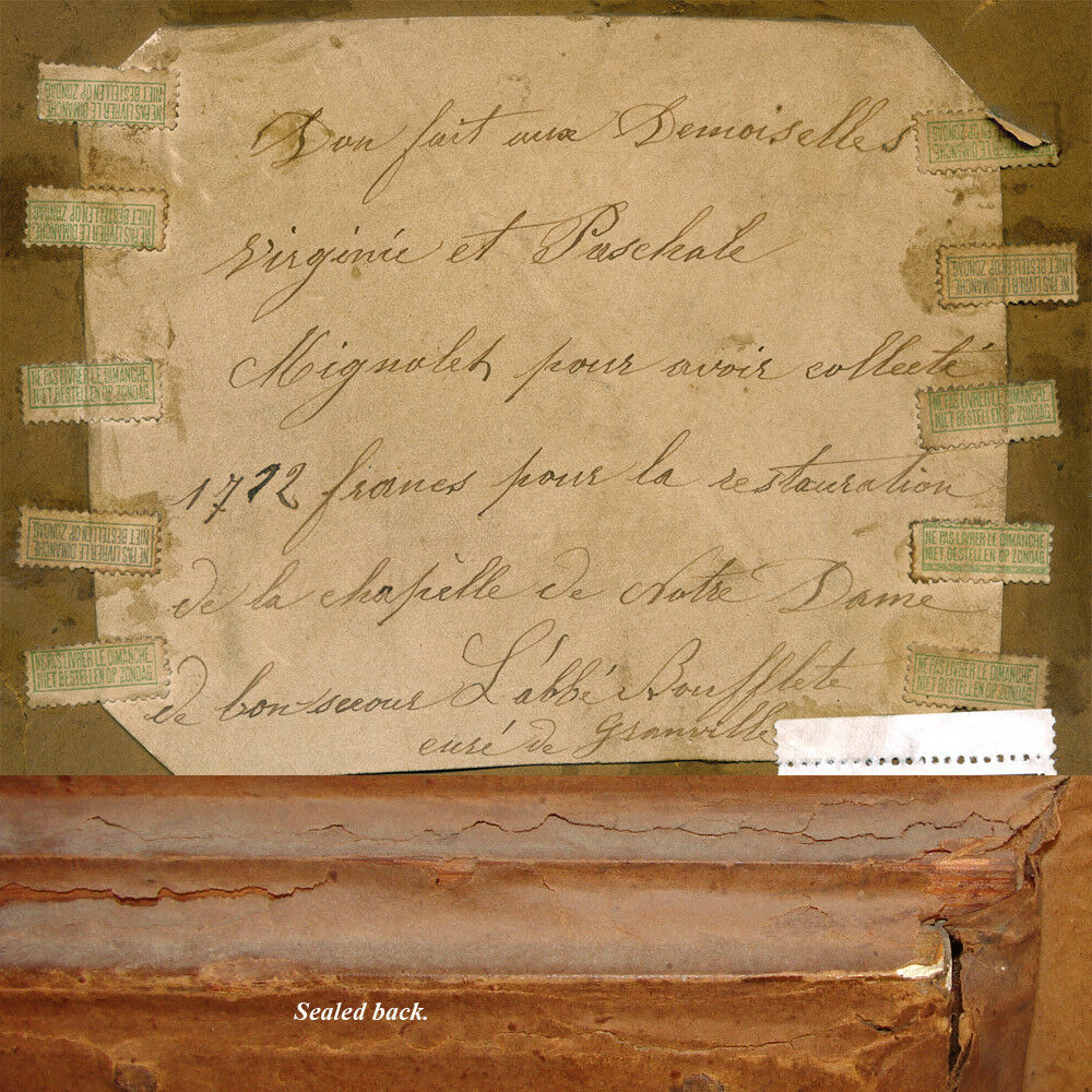 Rare Antique French 19.5" Gilt Framed Punchwork Reliquary, Sealed Back w/ Script