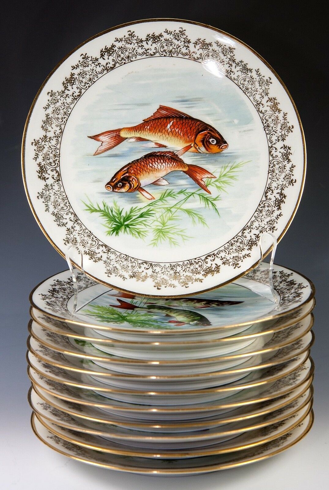 Antique - Vint. Haviland Limoges Set of 11 Transfer & Painted Fish Plates, 8.5"