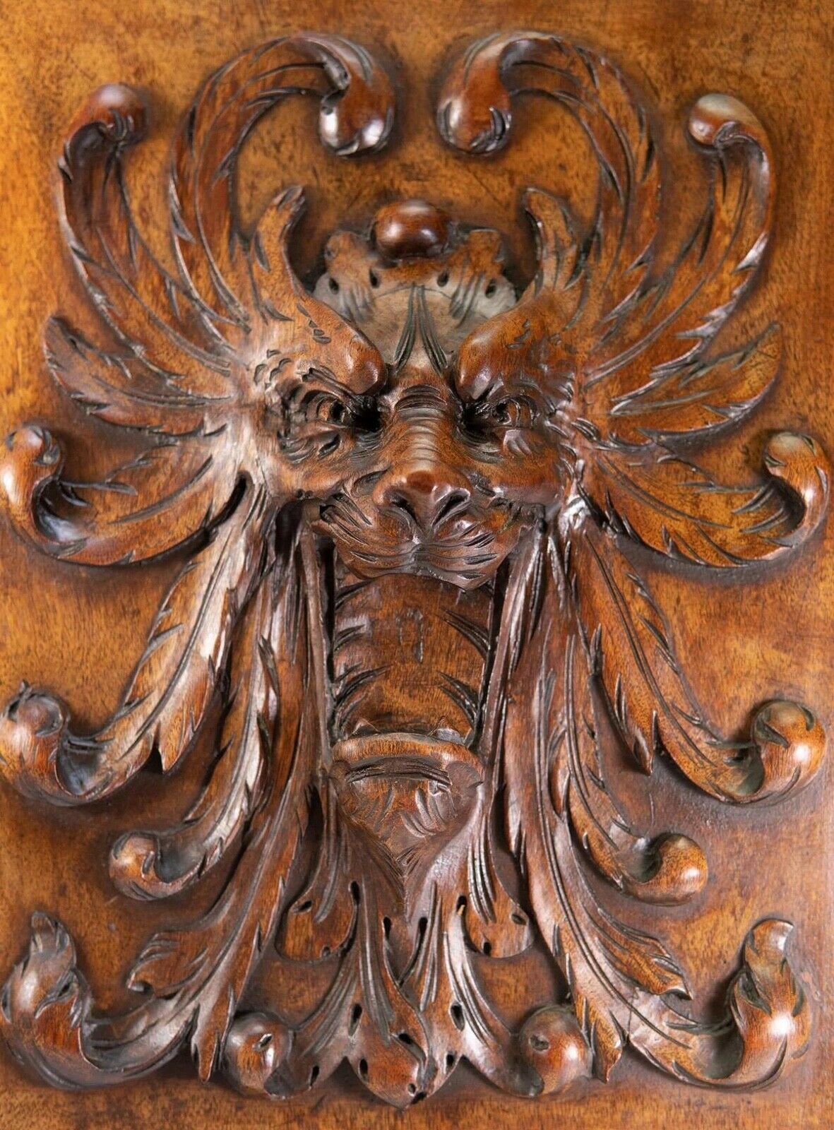 PAIR (2) Antique HC Oak French Cabinet Doors, Figural Lion Head, Each 26" x 23"