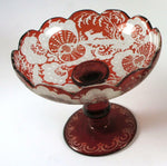 Antique Pair of 2 Matching Bohemian Red Flashing Engraved Compote, Raised Dish