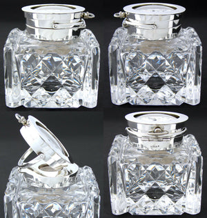 Antique Brilliant Cut Crystal & Sterling Silver 3.5" Inkwell, Pocket Watch Displ