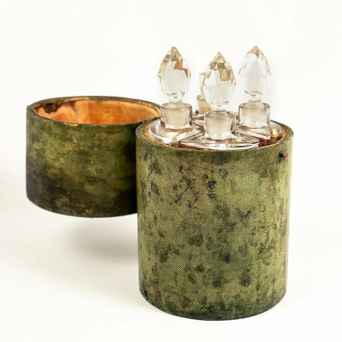 Antique c.1780-1810 Shagreen 6" Scent Caddy, 4 Perfume Bottles, Flasks, 18k Gold