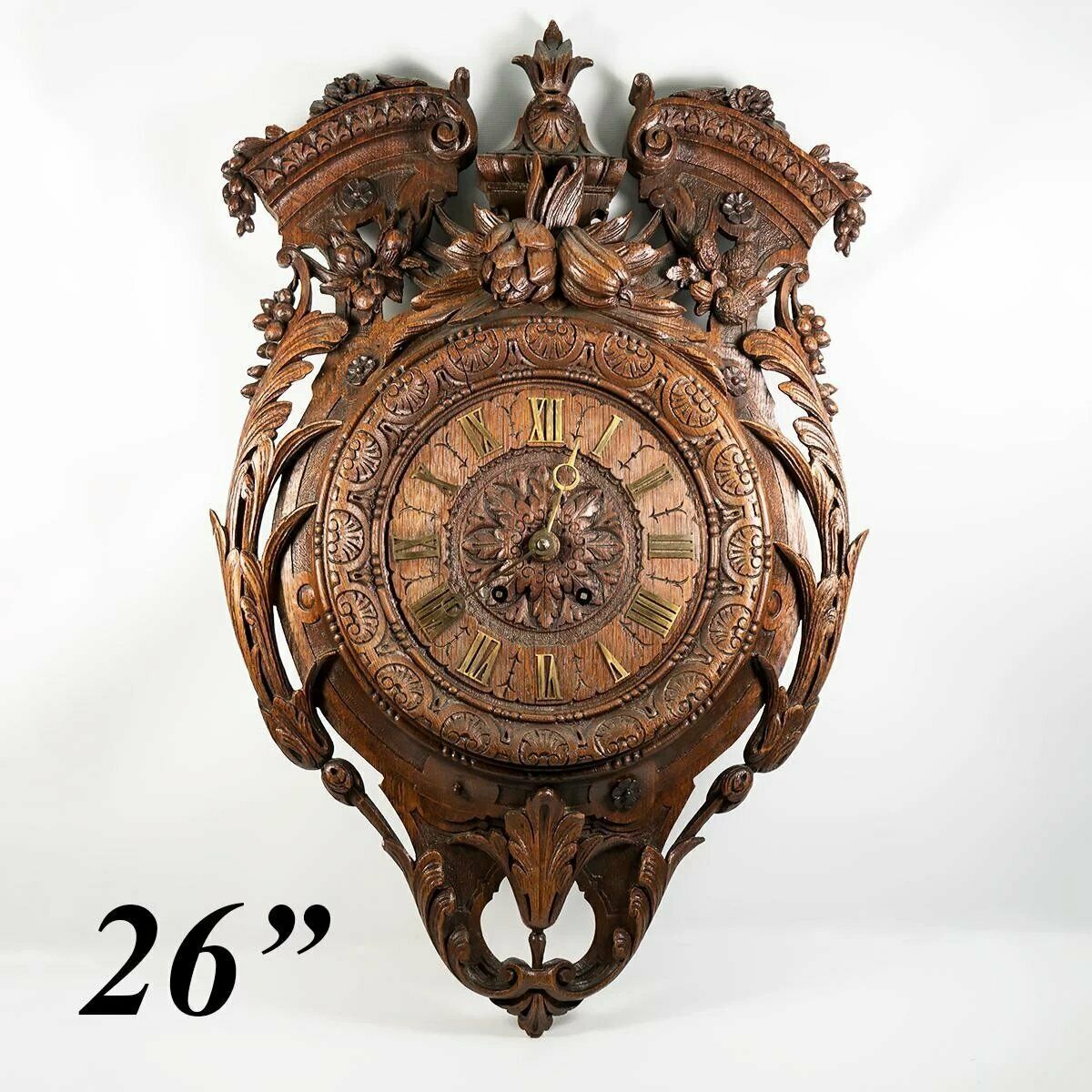 Superb Antique HC Wood French Wall Clock, 26" x 17", Pendulum, Fruit & Acanthus