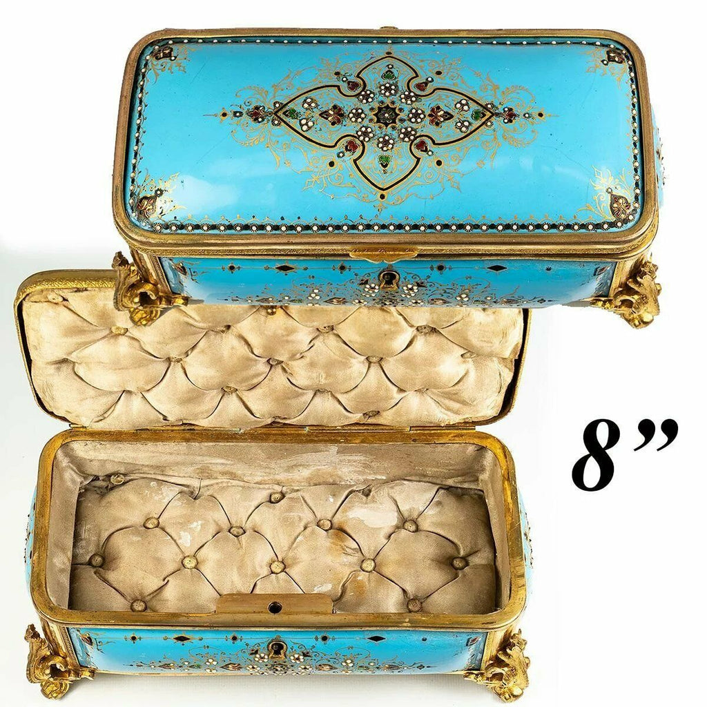 Superb LRG Antique French Kiln-fired Enamel 8" Jewelry Box, Casket, Sevres