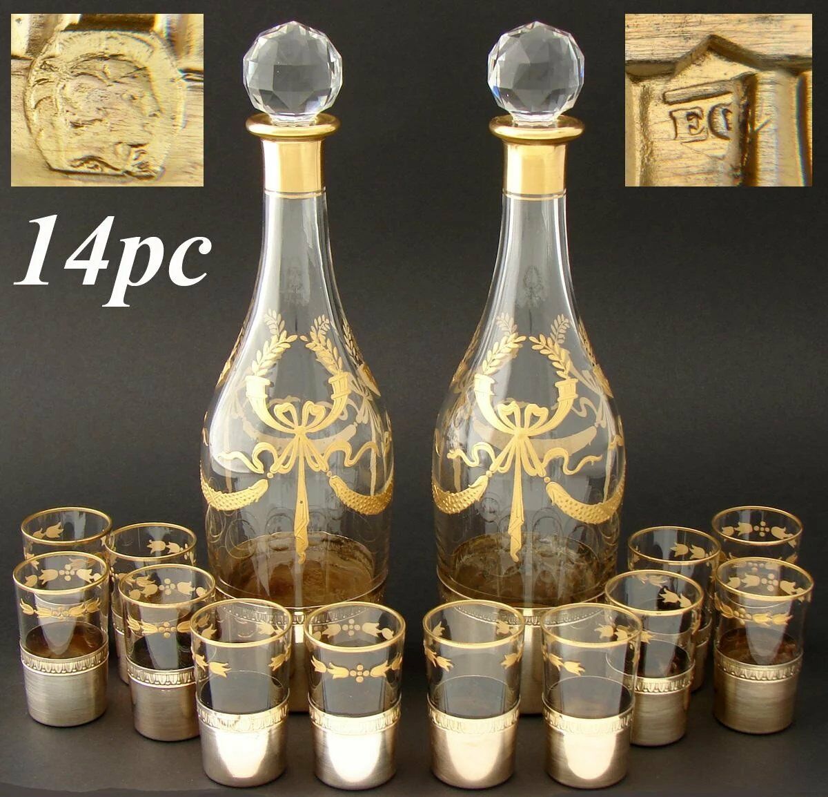 Rare Antique French 18k Gold on Silver 14pc Liqueur Service, Empire Raised Gold