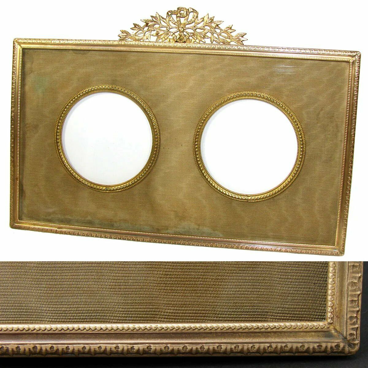 Antique French Dore Bronze 8” Double Picture Frame, Bow & Ribbon, Silk Mat