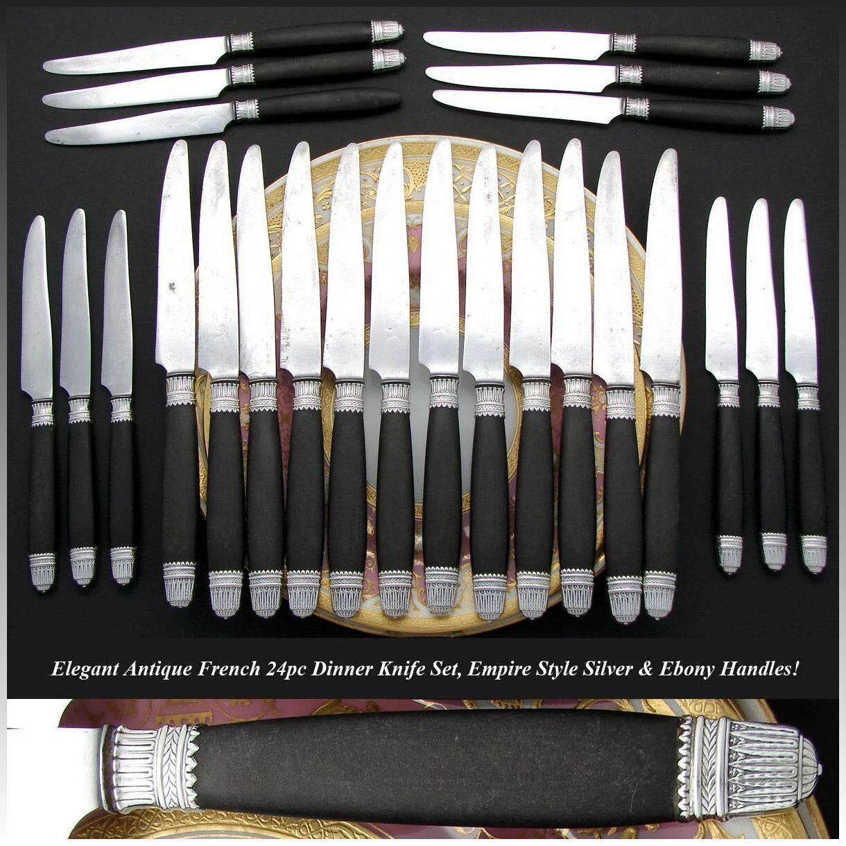 Antique French Napoleon III Era 24pc Dinner Knife Set, Sterling