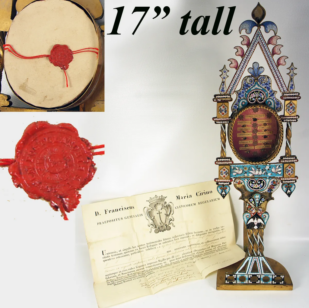 RARE 17" Tall Micro Mosaic Altar Stand Reliquary, Wax Seal, Papal Guarantee Docs