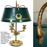 Antique French Bouillotte Lamp, Empire Period 3-Branch, Tole Shade, Swans c.1810