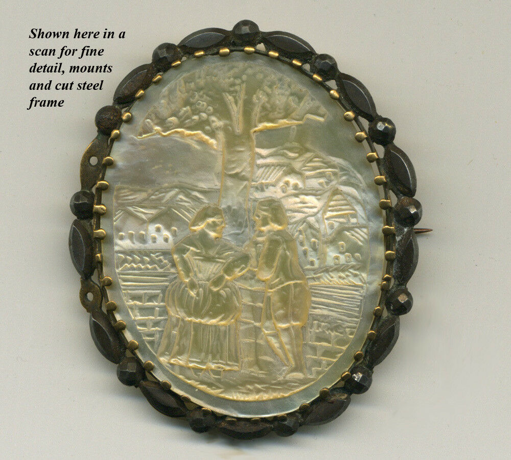 Antique Victorian Era Brooch in Mother of Pearl, Carved Scene, French Romantic