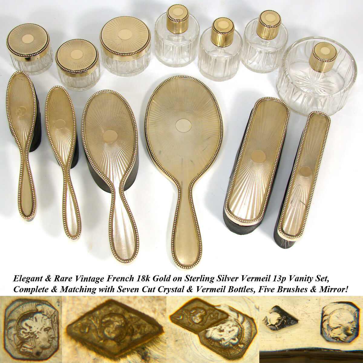Rare Vintage French 18k Gold on Sterling Silver Vermeil 13pc Vanity Set, Bottles
