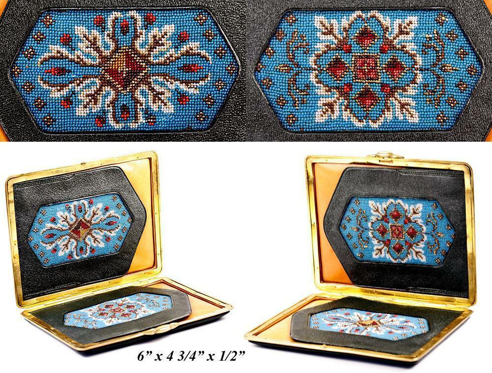 Antique Beadwork & Leather Cigar Cigarette Case, Suitable or Cell Phone or Purse