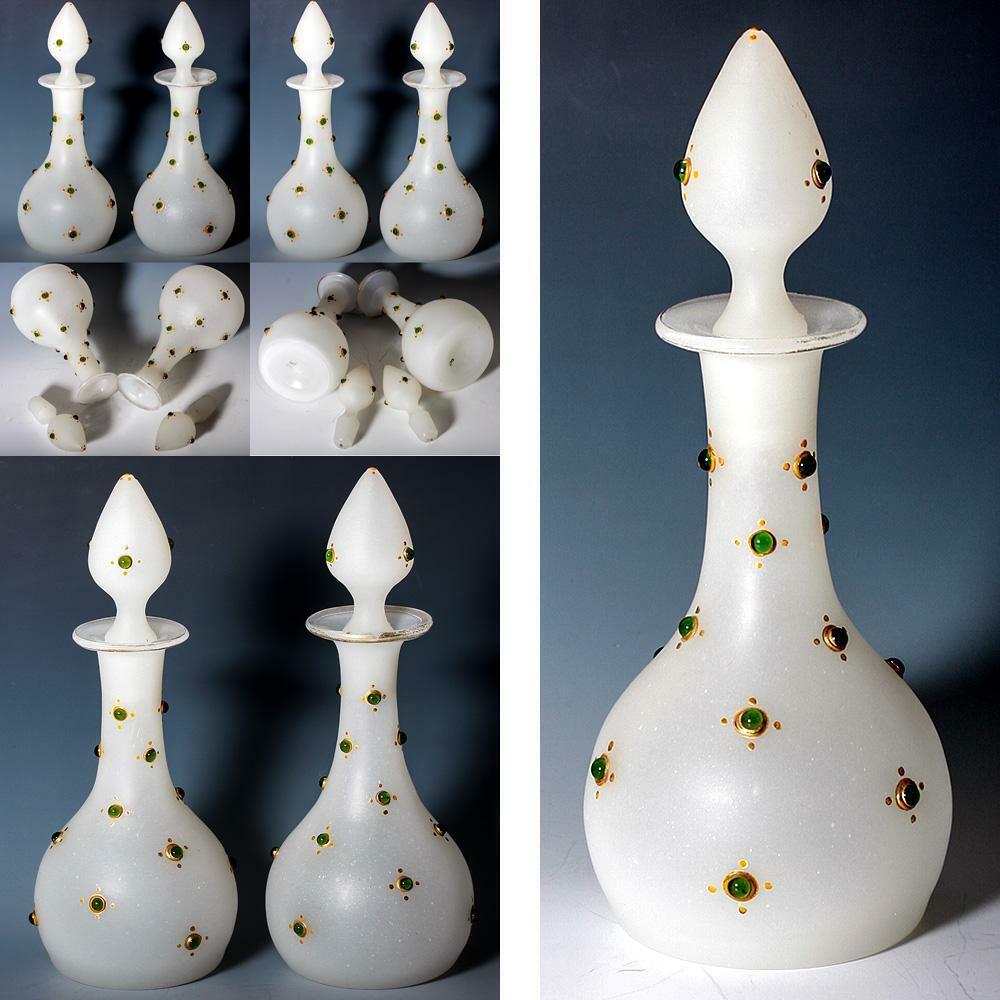 PAIR Antique French Jeweled Opaline Glass 8" Tall Decanters, Scent Bottles