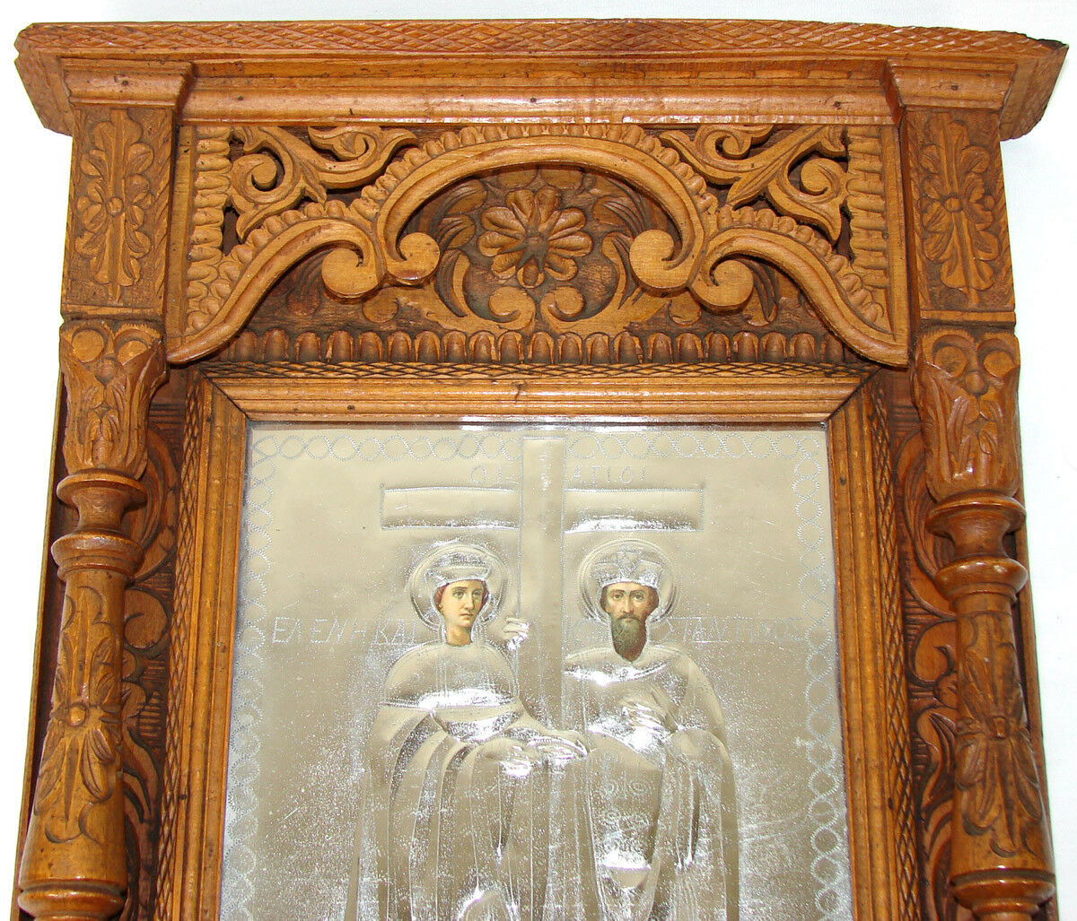 Antique Russian Hand Carved 21" Cabinet Style Icon Frame, Silver Foil Lithograph