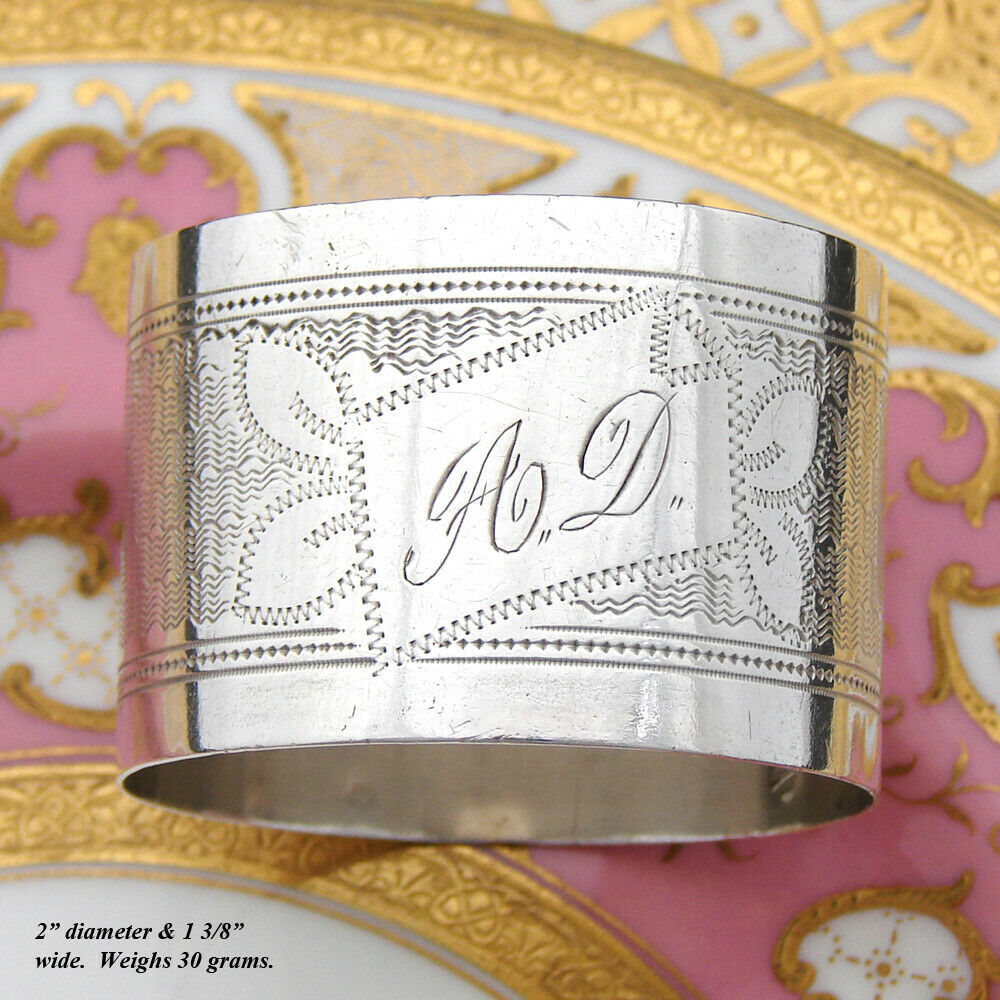 Antique French .800 Silver Napkin Ring, Guilloche Style Decoration, "A.D." Mono
