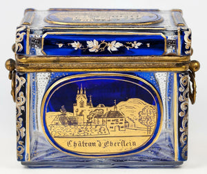 Antique Bohemian Glass Sugar Casket, MOSER Box, 5 Engraved Grand Tour Souv Scene