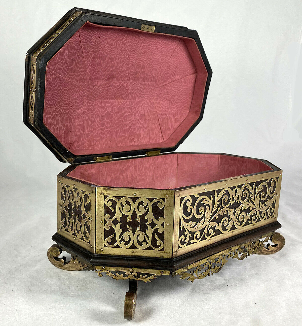 Antique French Boulle Jewelry Box, Casket, 10.25" Octagonal Brass on Walnut