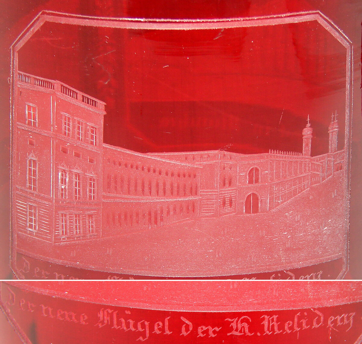 Rare Antique Bohemian Ruby Glass 16oz Beer Stein, 3 Architectural Spa Engravings