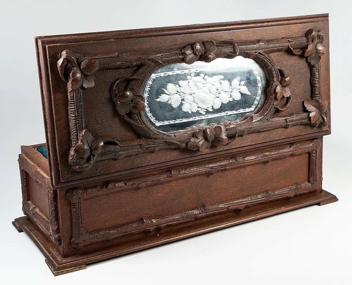 Antique Black Forest Hand Carved Wood Gloves Box, Engraved Mirror Top