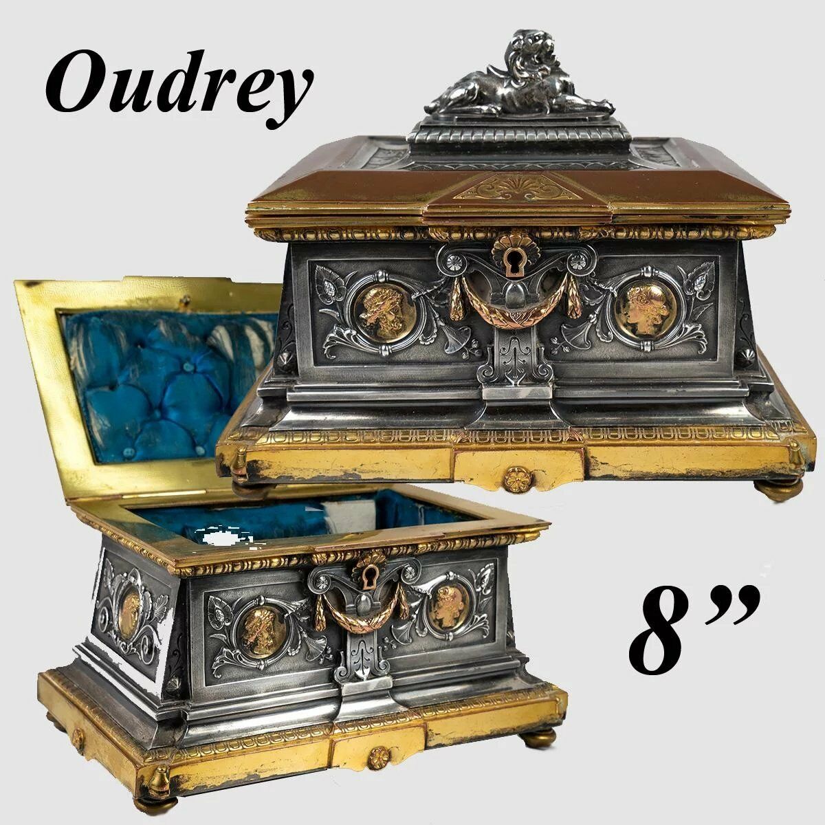 19th c. French Bronze Jewelry Box, 8" Casket, Foundry & Sculptor Léopold OUDRY