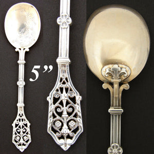 Antique French Sterling Silver 5.5” Condiment Spoon, Reticulated Handle