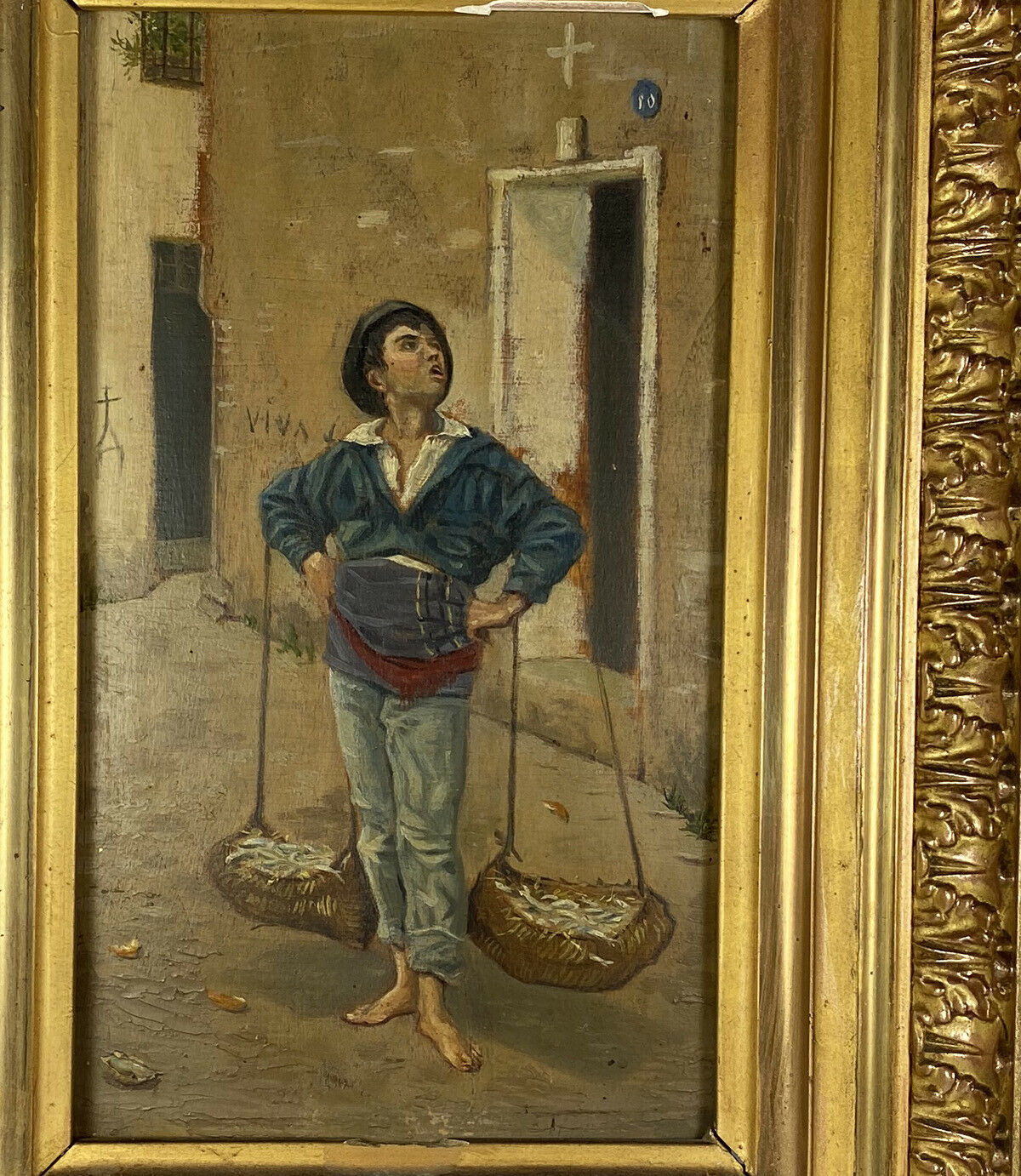 Antique Wood Frame, Gilt Gesso, French Oil Painting on Board, Fish Boy, Pêcheur