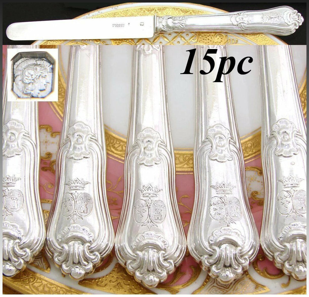 Antique French Sterling Silver 15pc 8" Dessert, Entremet Knife Set, Armorial