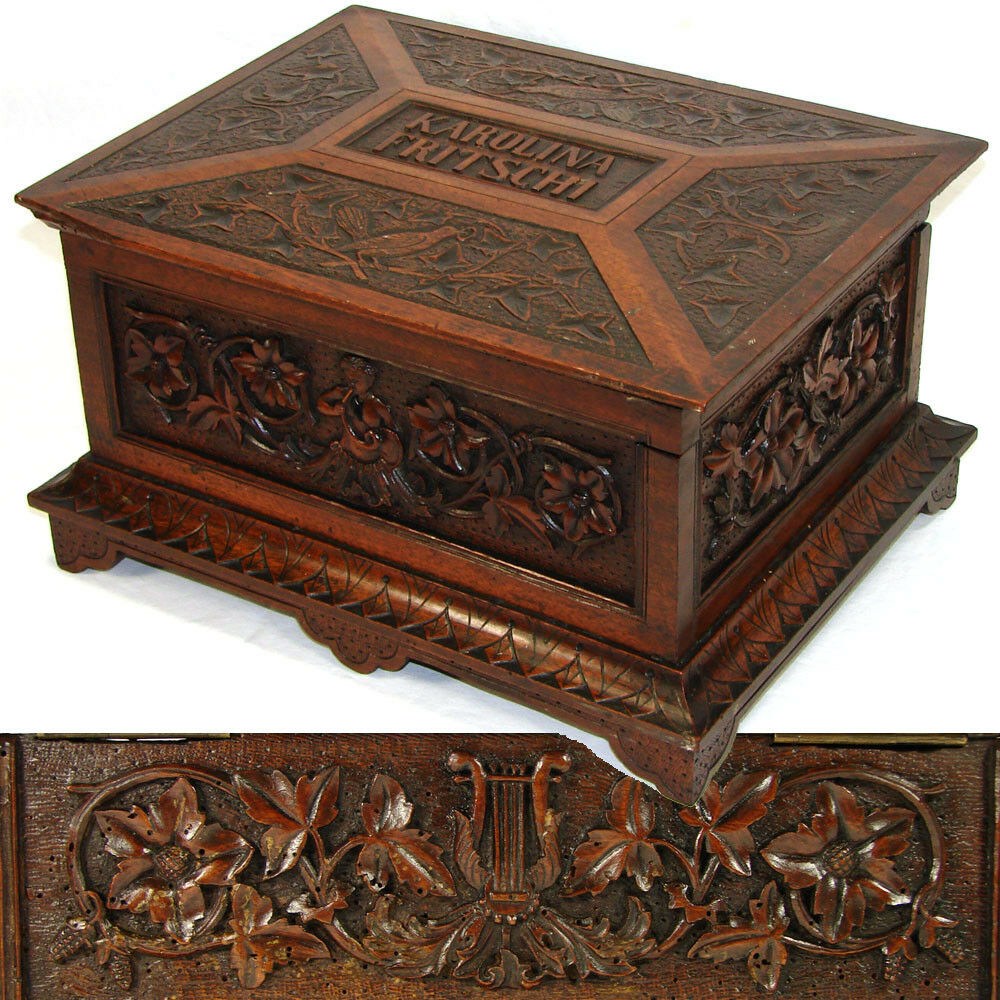 Antique Victorian Carved Jewelry, Sewing Box, Chest, Ornate Figural, Dated 1873