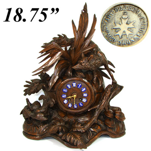 Museum Antique HC Black Forest Mantel Clock, 18.75" Tall, Japy Freres, Fox, Hens