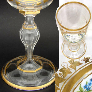 Antique Bohemian 9.5" Cug Glass Goblet, Layered Glass Medallion & HP Gold Enamel