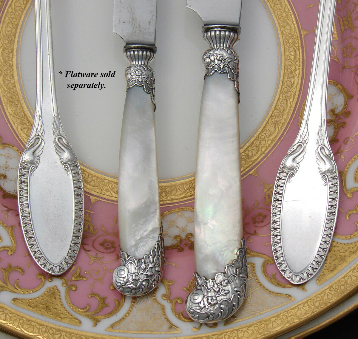 Antique French 22pc Table Knife Set, Pistol Grip Shape Sterling Silver & Pearl