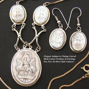 Antique Edwardian Italian 3pc Carved Cameo Necklace & Earrings Set, Three Graces